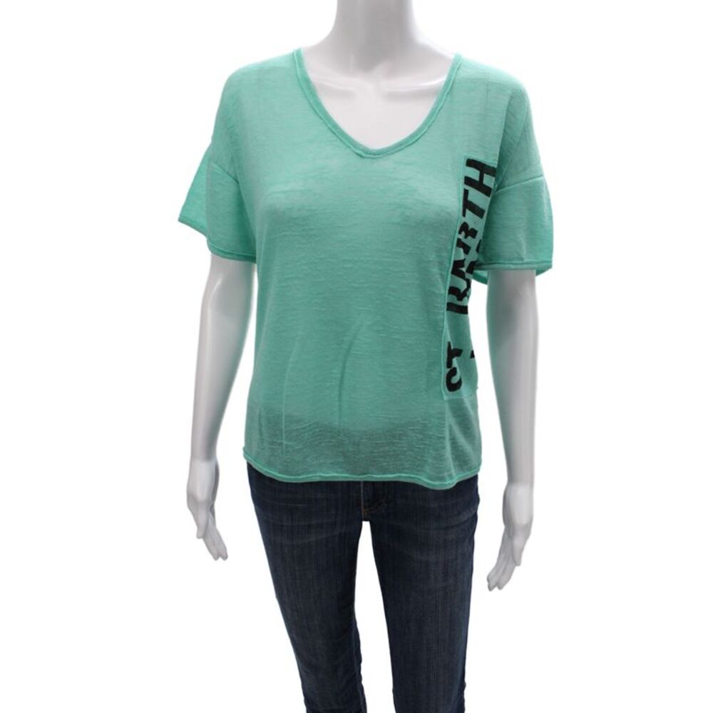 Designer Women Graphic Tee Green Linen V Neck Short Sleeve Size M